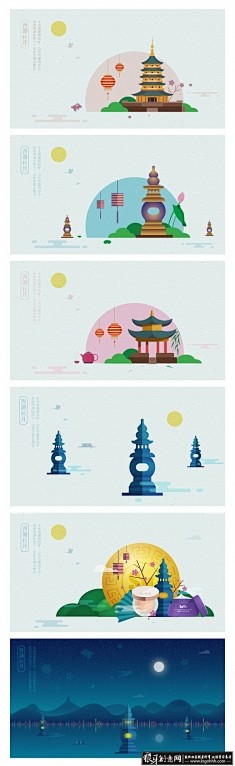 com 扁平化海报设计 创意手绘古刹插画广告设计 趣味手绘夜间三潭印月