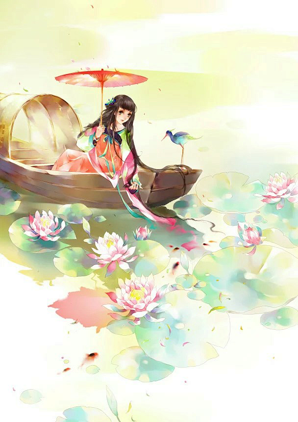 古风采莲女泛舟荷花