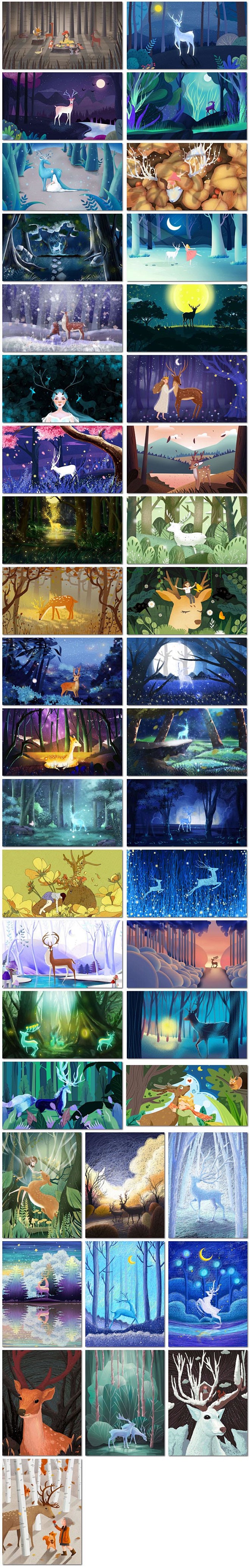 42张森林与鹿大自然梦幻仙境治愈卡通手绘插图画psd海报模板素材设计