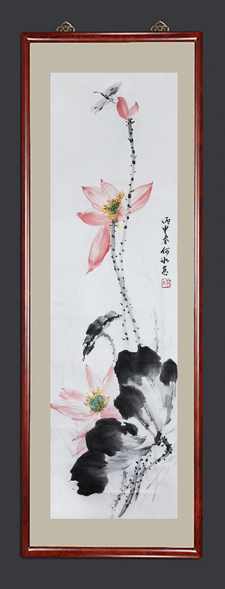 何冰原手绘创国画荷花水墨字画原稿保真迹三尺条幅书画家作品手绘淘宝