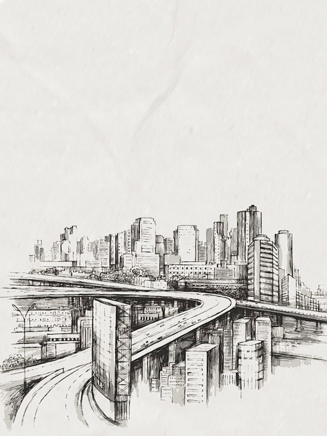黑白简约线条城市建筑素描手绘背景素材
