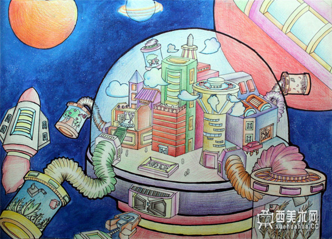 cc 获奖中学生科幻画《我的学校在火星》赏析(1) 1 xuehuahua.