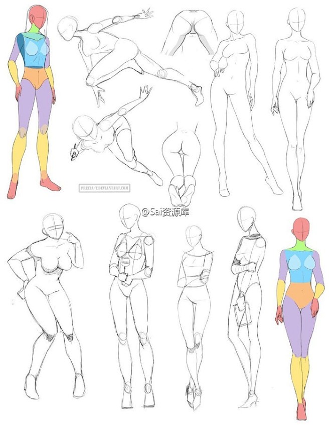 #SAI资源库# Precia-T的女性人体姿态练习，涉及到女性的动作\/结构\/角度等等，可以当作线稿练习，自己收藏。转需~(来源于，原画人官方微博 )