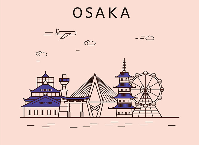 日本大阪手绘建筑现代建筑建筑插图插画设计aitid024t004002