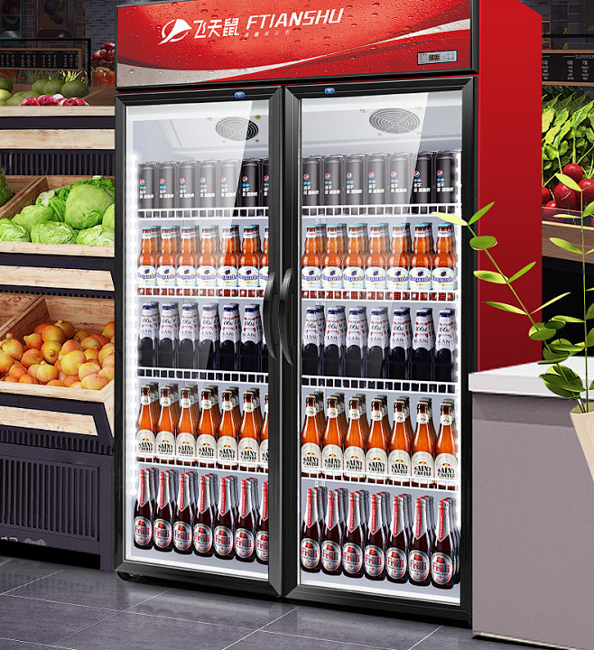 飞天鼠饮料柜双开门展示柜冷藏水果鲜花保鲜柜啤酒柜立式便利店冰箱