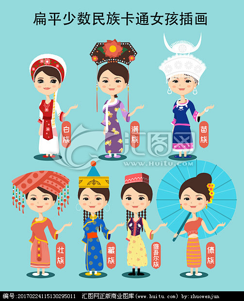 扁平少数民族旅游卡通女孩插画壮族满族藏族苗族傣族白族维吾尔族少数