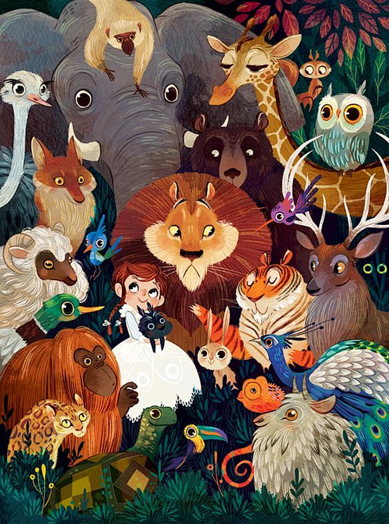 特别卡哇伊的一套卡通插画小编最喜欢森林动物们围绕着小女生的那张了