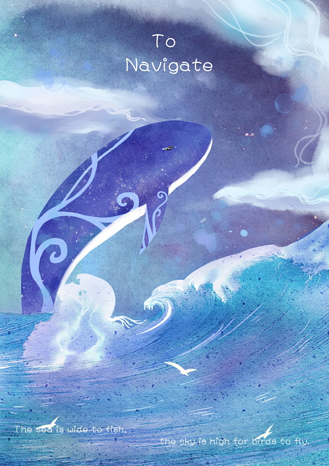 手绘鲸鱼梦幻海洋翱翔海鸥鲸鱼插图插画设计jy0003