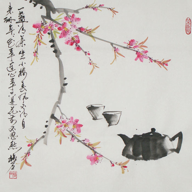 花鸟画家梅石原创诗词国画桃花字画手绘客厅书房餐厅卧室书画原稿淘宝