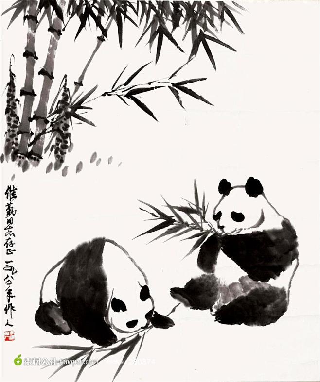 大熊猫吃竹子国画