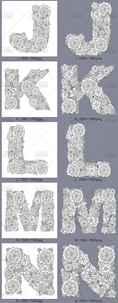 com 典雅复古线描花卉26英文字母eps矢量源文件产品服装平面设计素材