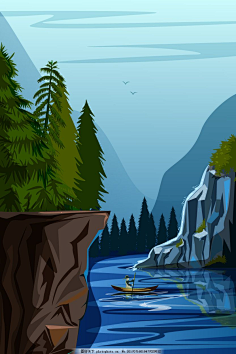 cn 山林里的河流插画 大自然 风景 溪水 小船 清凉 1 柠檬味的鸭脖