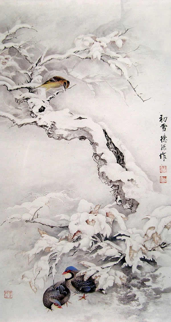 国画名家画笔下的雪野寒鸟