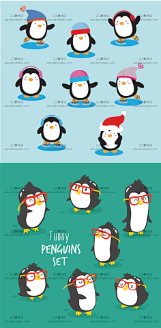 com 日韩卡通可爱手绘圣诞节企鹅围巾帽子动物背景平面设计矢量图素材