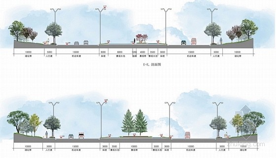 com 手绘风格道路景观断面图psd nipic.