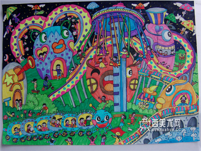 小学生获奖科幻画快乐的怪兽乐园赏析西西美术网