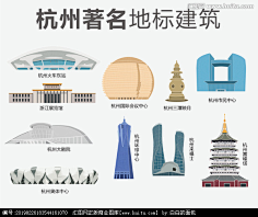 com 杭州浙江城市宣传设计元素材标志性建筑楼手绘线描简笔画剪影合集