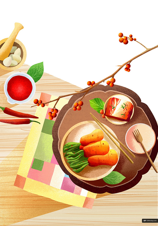 腌制辣酱泡菜萝卜美食手绘水彩插画设计psd平面设计绘画插图
