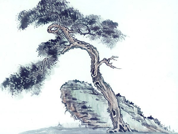 国画:古树奇石