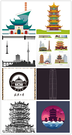 武汉湖北城市宣传设计元素材标志性建筑楼手绘线描简笔画剪影合集