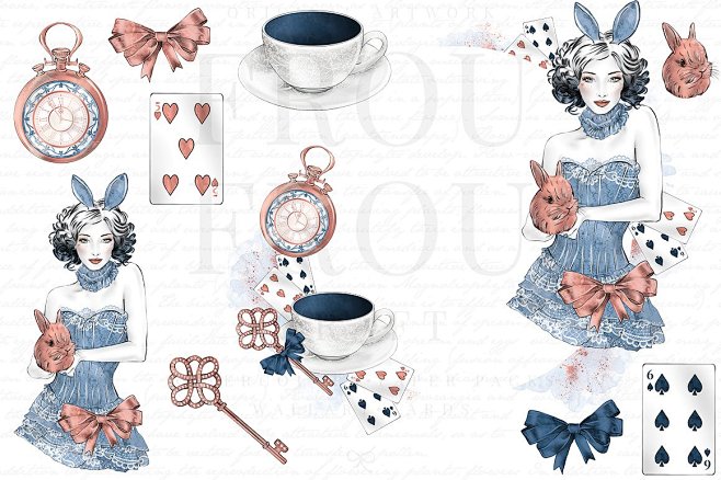 爱丽丝梦游仙境兔子茶杯要是扑克蝴蝶结怀表aliceinwonderlandclipart