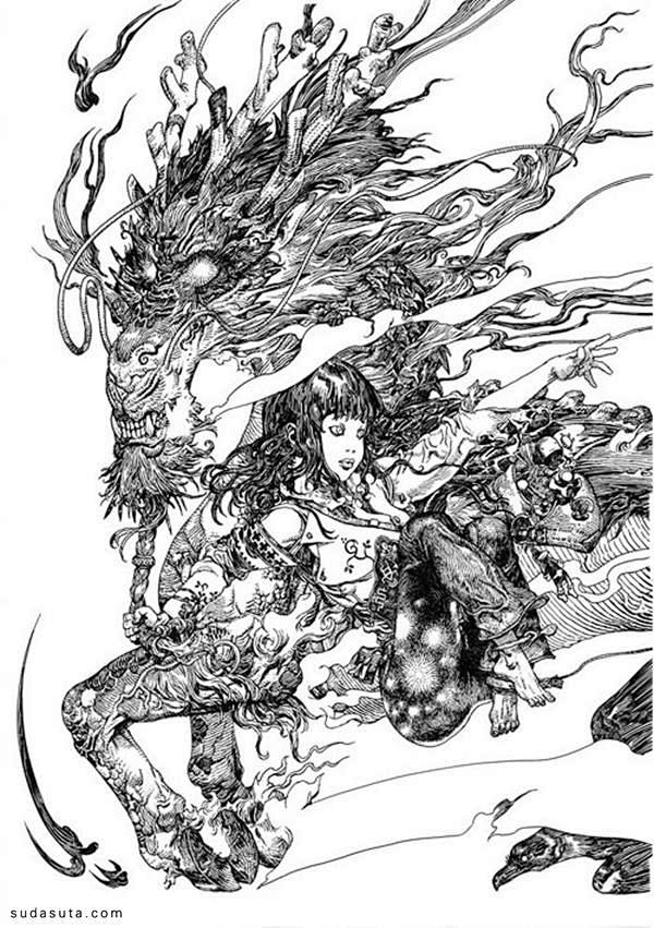 手绘黑白插画欣赏 黑白插画 装饰画 艺术 日本 手绘 怪物 传说 中国风