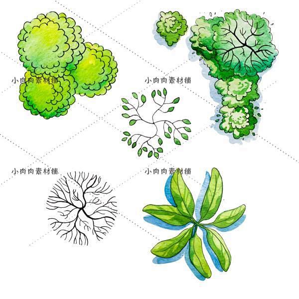 手绘水彩建筑房屋植物微景观布置场景平面图ai矢量设计素材ai116淘宝