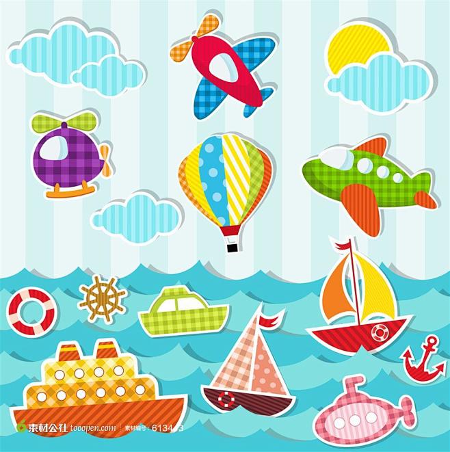清新夏天大海上的帆船和天空上的飞机交通工具卡通插画