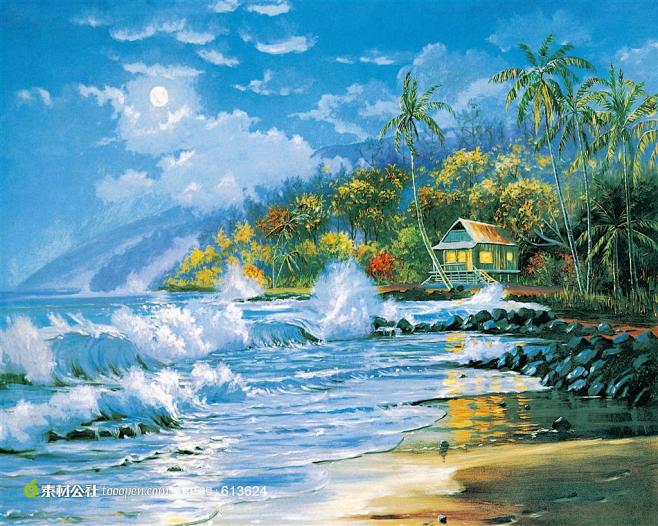 15:00:45海边的海浪椰树小屋蓝天风景画油画海边素材leelee杨同采自