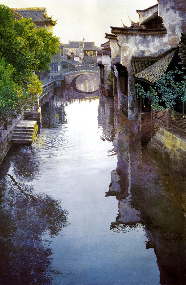 中国风江南水乡 高清唯美风景油画水彩 无框装饰画临摹参考素材图