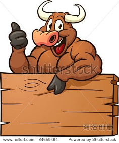 com happy cartoon bull with a wooden sign. vector. hellorf.com