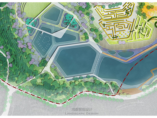 水彩风格滨河湿地山体公园规划彩平psd分层源文件