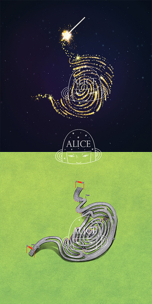 隐身少女Alice-2016.8 胃部医药健康创意插画(下)胃药 肠胃 拟物 商业 广告 迷宫 星空 星星 魔法棒 仙女棒 赛车 跑道 赛道 F1 草地 指纹 素材