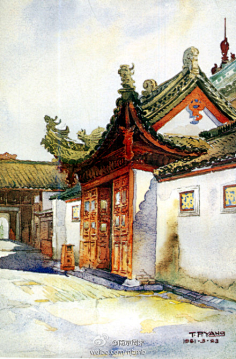 com 南京周末:建筑大师杨廷宝的绘画作品,鸡鸣寺门楼.