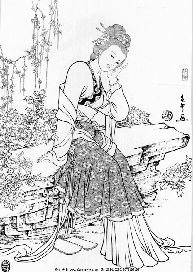 高清仕女白描白描仕女图工笔白描底稿国画水墨绘画古代人物