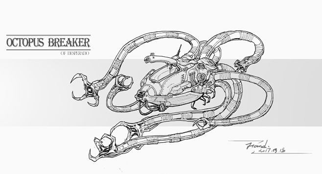 蒸汽朋克飞船设计章鱼线稿