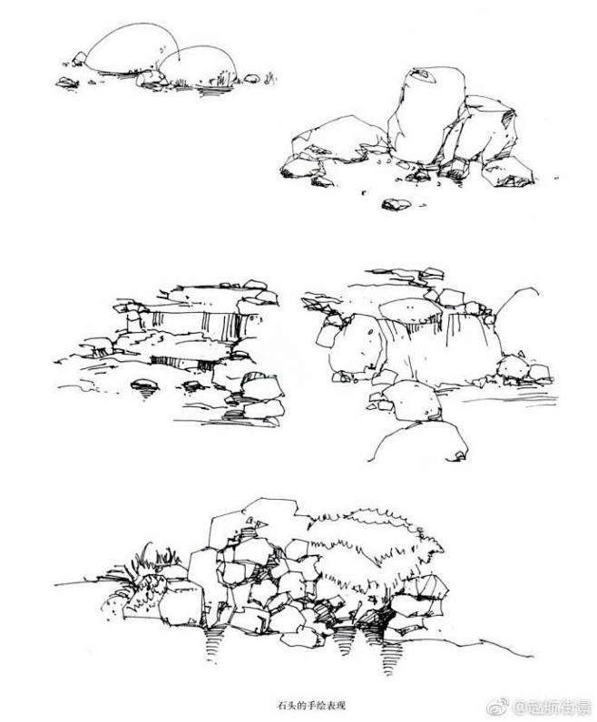 整理画了一份石头及水景的画法手绘石头要考虑其转折凹凸虚实等在练习