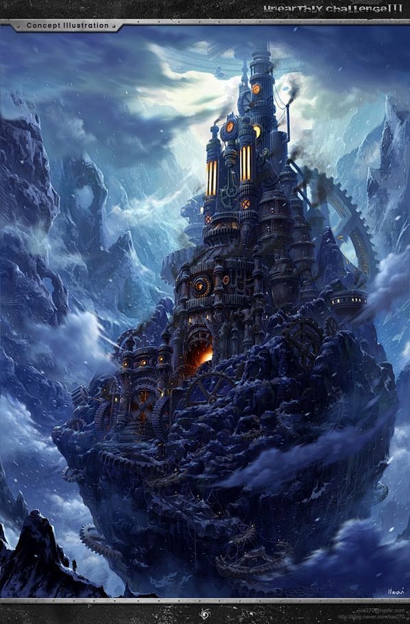设计师mer tun擅于绘制奇幻场景,比如巨龙穿越皑皑白雪覆盖的黑城堡