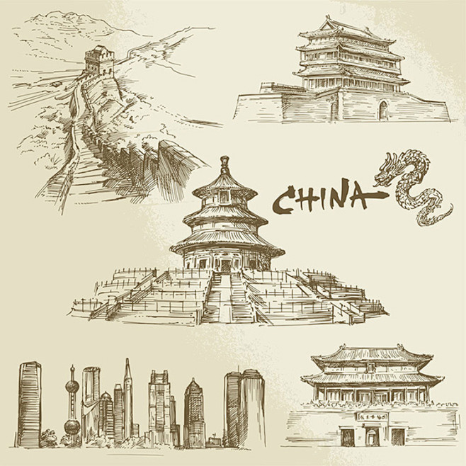 中国著名建筑手绘速写插画长城天坛故宫石狮子文化遗产矢量素材淘宝网