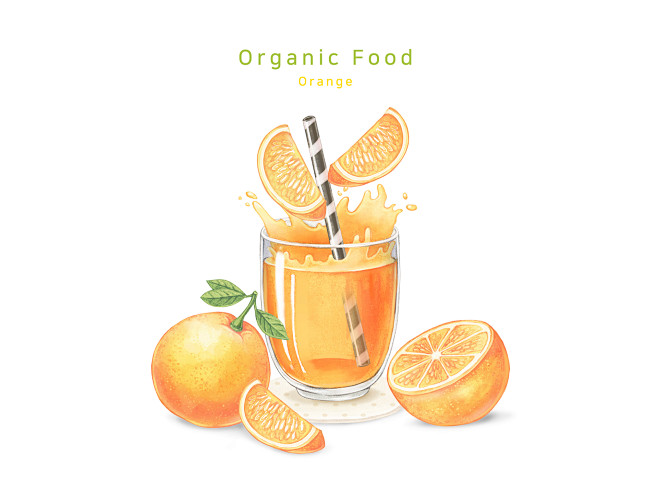果汁饮料鲜橙汁淡彩手绘水彩插画psd平面设计绘画插图