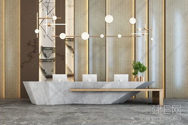 新中式酒店大堂接待台3d模型