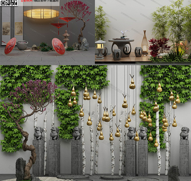园林景观小景3dmax模型新中式禅意3d模型花园庭院假山竹子植物墙淘宝