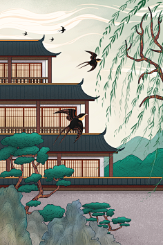 com 中国风城市建筑古典国潮风宫廷古楼插画手绘漫画psd海报设计素材