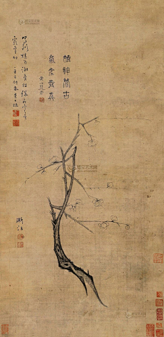 com 弘仁 1657年作 《梅花图》 立轴 --- 弘仁画梅,枝如屈铁,画面简约