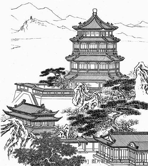 图片建筑楼阁国画白描工笔画亭台楼阁风景山石松树