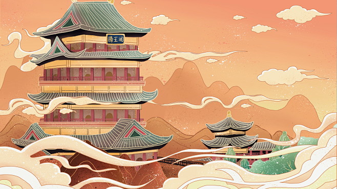 中国风城市建筑古典国潮风宫廷古楼插画手绘漫画psd海报设计素材