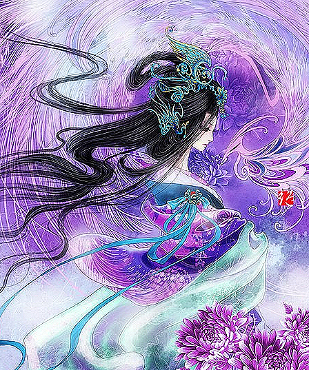 古风梦幻唯美古装美女插画手绘古典古装花前月下夜情花