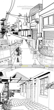 com 105张现代建筑场景线稿图片 黑白cg漫画背景城市街道背景学校大厦