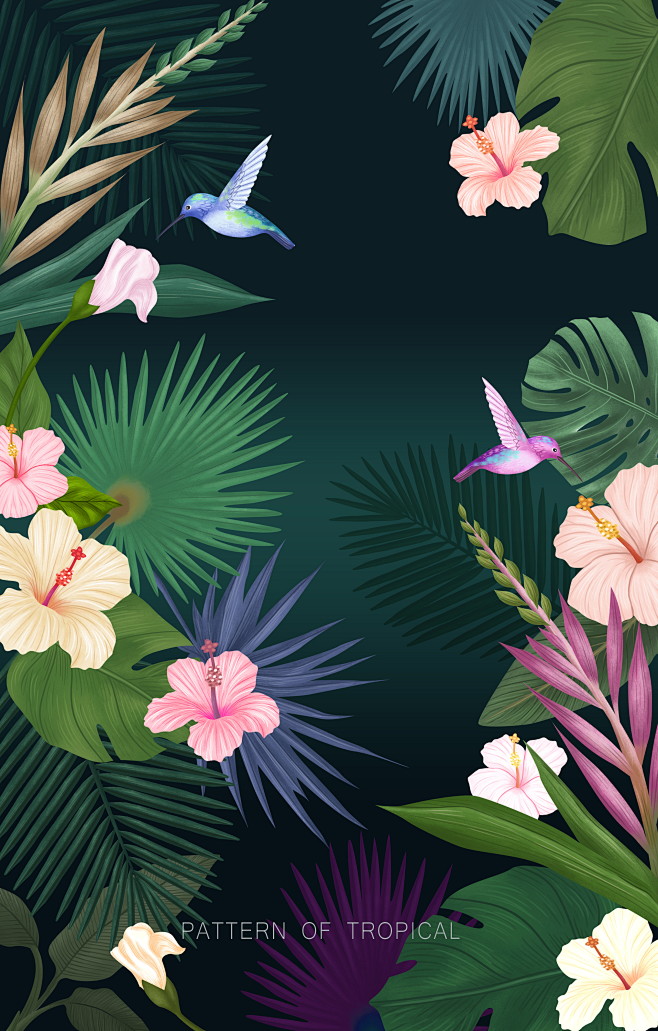 热带植物动物火烈鸟psd分层海报设计素材手绘插画背景森林树叶1