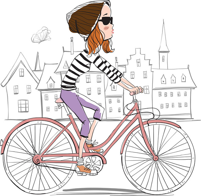 骑自行车的卡通女孩图片